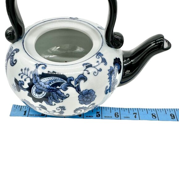Pier 1 Vintage Handpainted Porcelain Tea Pot Black Blue White Floral Design - Picture 10 of 12